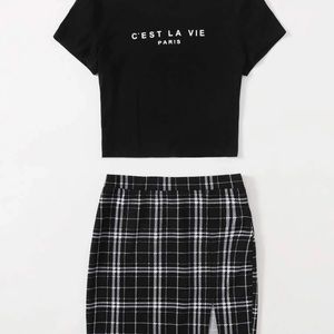 Graphic Tee & Plaid Skirt Set